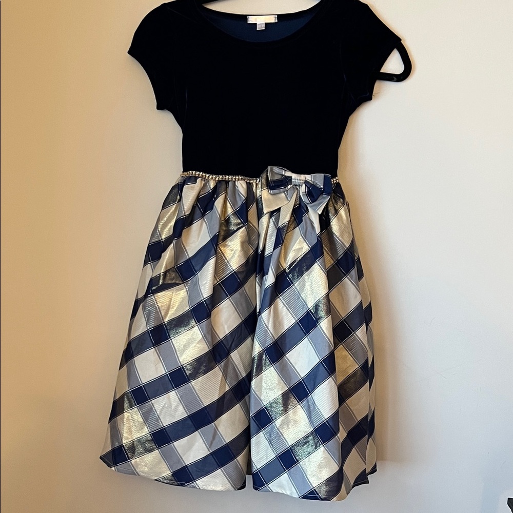 Tahari Girls 8 Velvet Plaid Dress Fit Flare Holiday Party Bow EUC